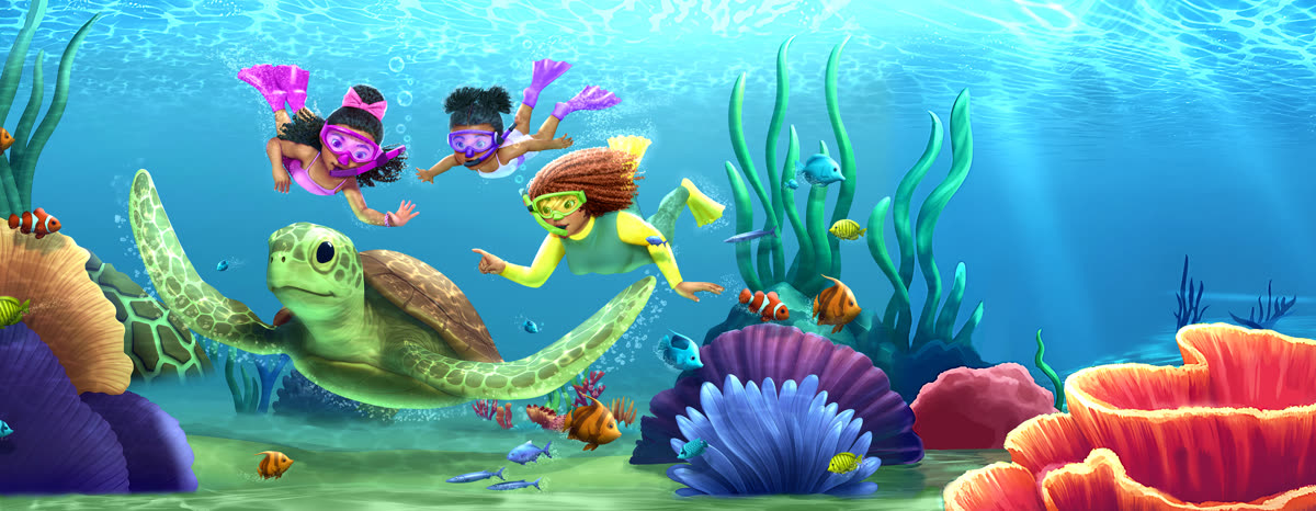 Children swimming with a sea turtle in an underwater storybook illustration