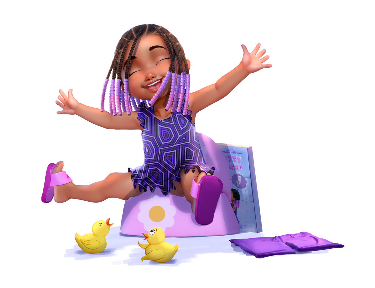 Smiling Lilly character sitting on her potty with rubber ducks
