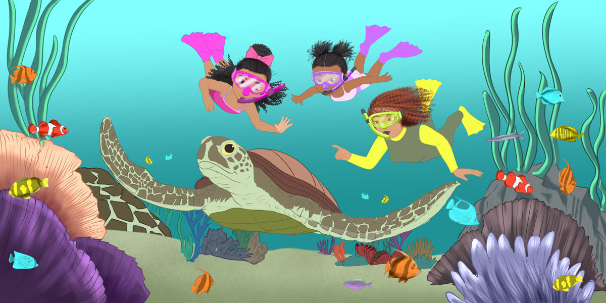 Children swimming with sea turtle underwater spread